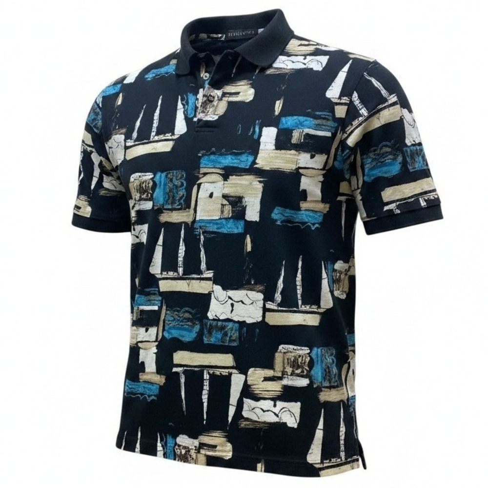 Riscatto Polo Shirt Sailboat Abstract Nautical Print Cotton Mens L Black #169L